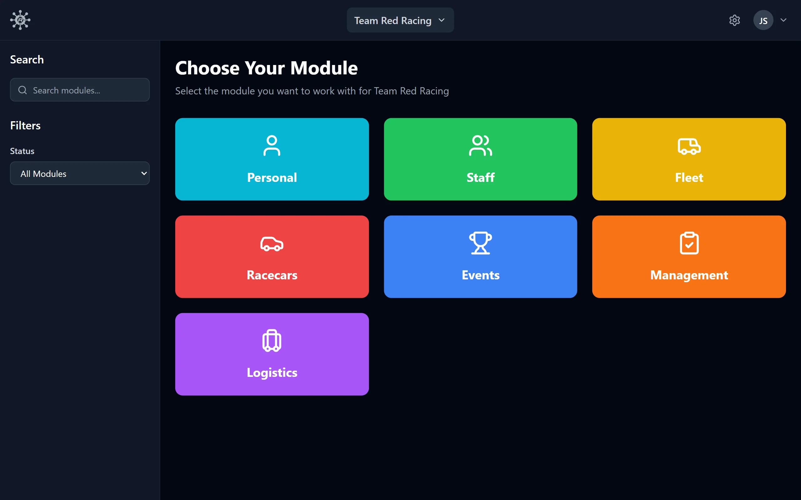 RaceNode - Choose your module: Personal, Staff, Fleet, Racecars, Events, Management, Logistics