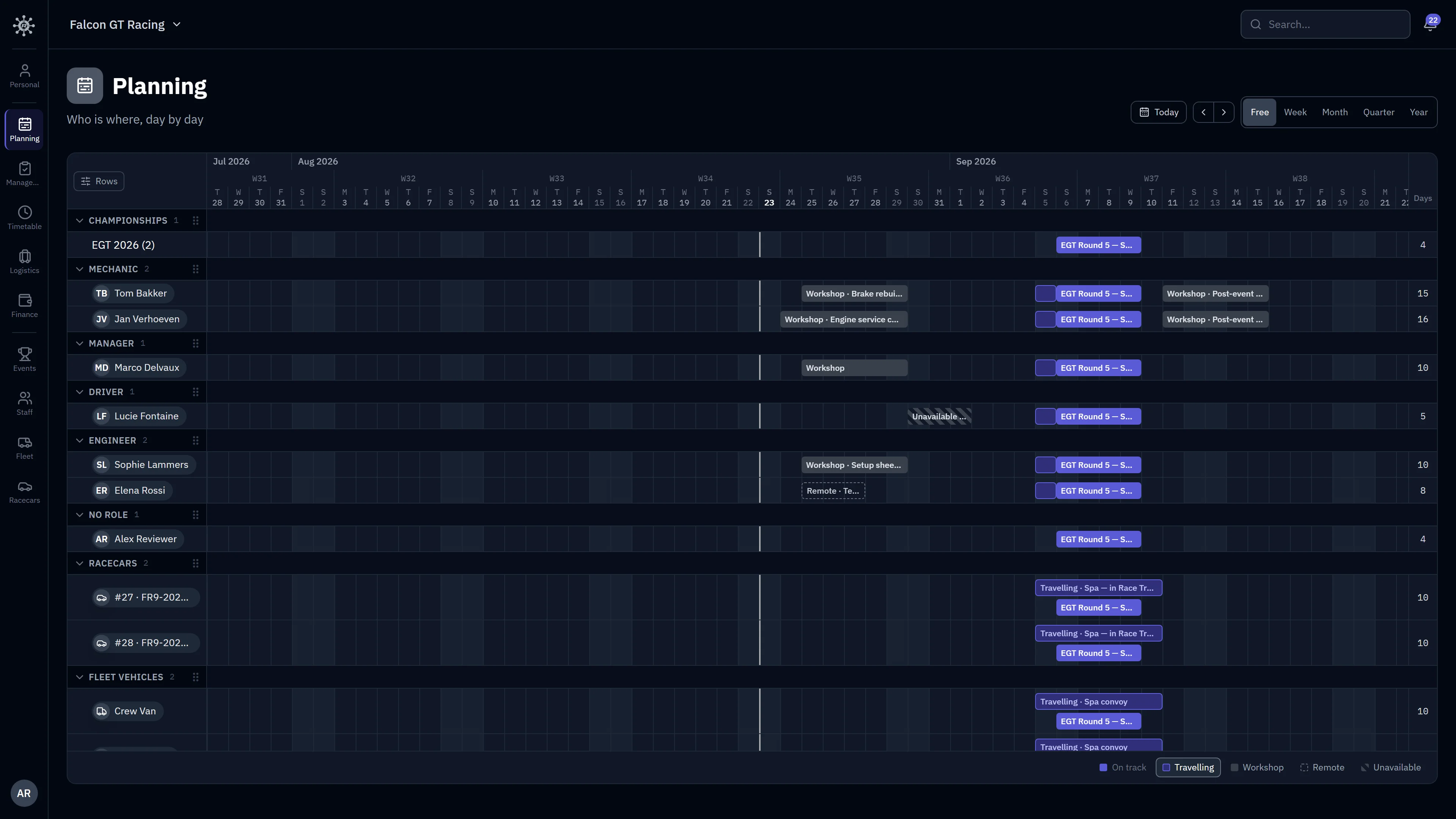 RaceNode planning software showing a racing team's whole season on one grid