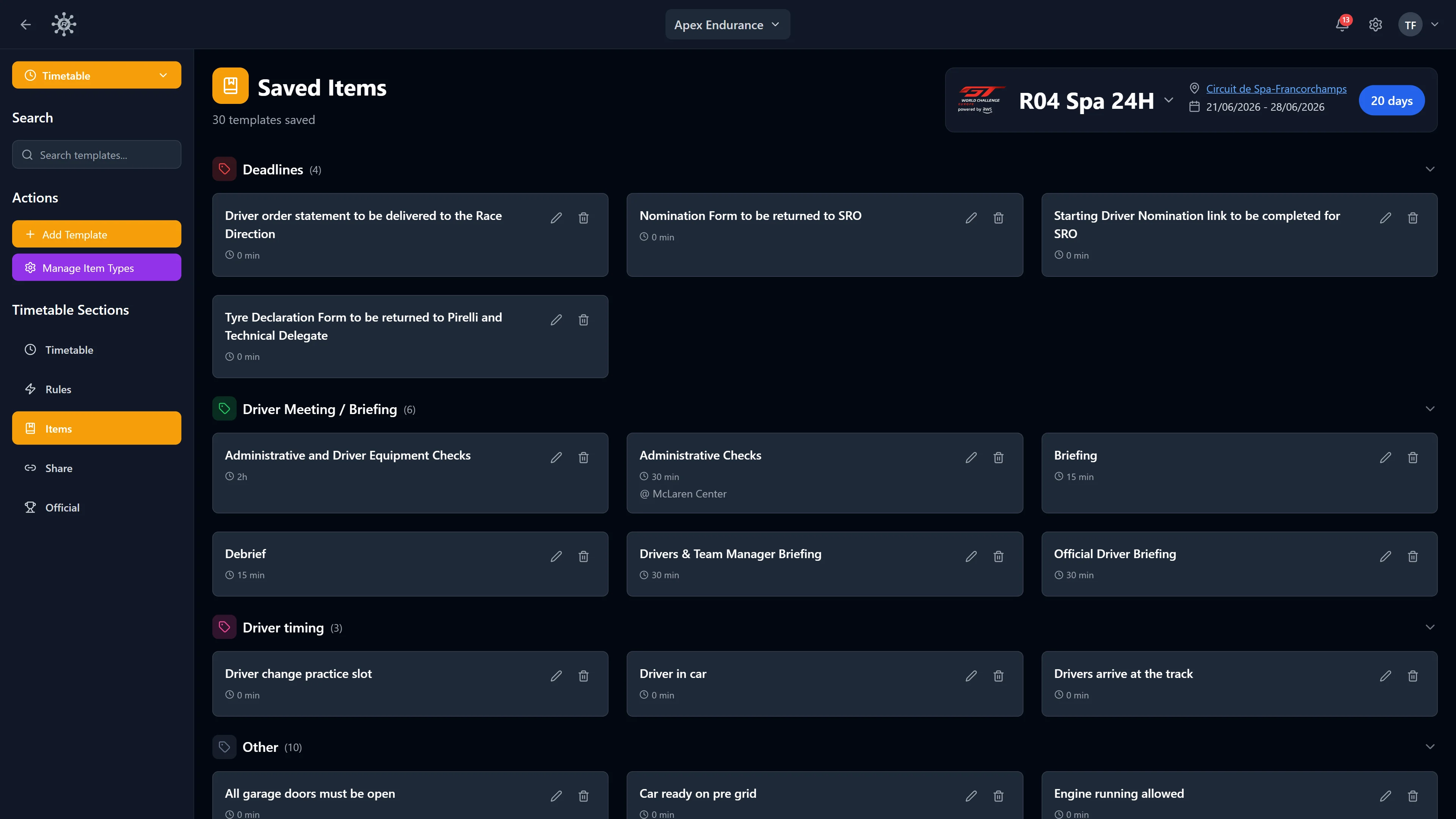 RaceNode Timetable Item Templates - Build once, reuse every weekend.