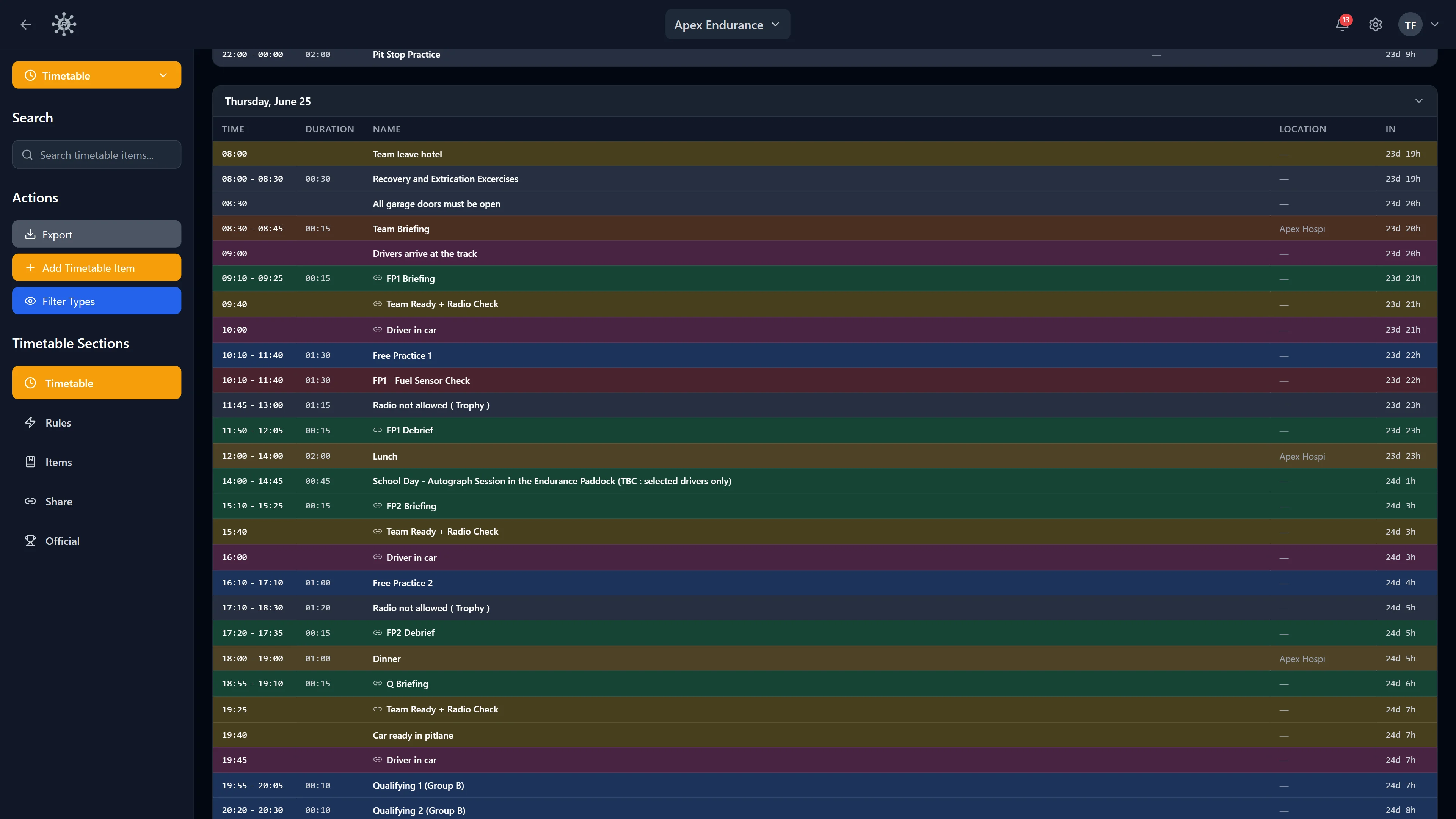 RaceNode timetable software showing a racing team's schedule alongside the official sessions